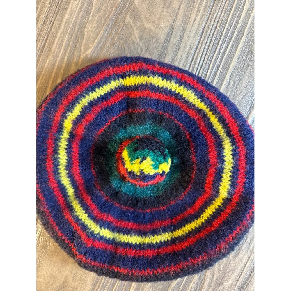 Vintage Striped Knit Beret Hat Unisex OS Multicolor Excellent Pom Pom Top